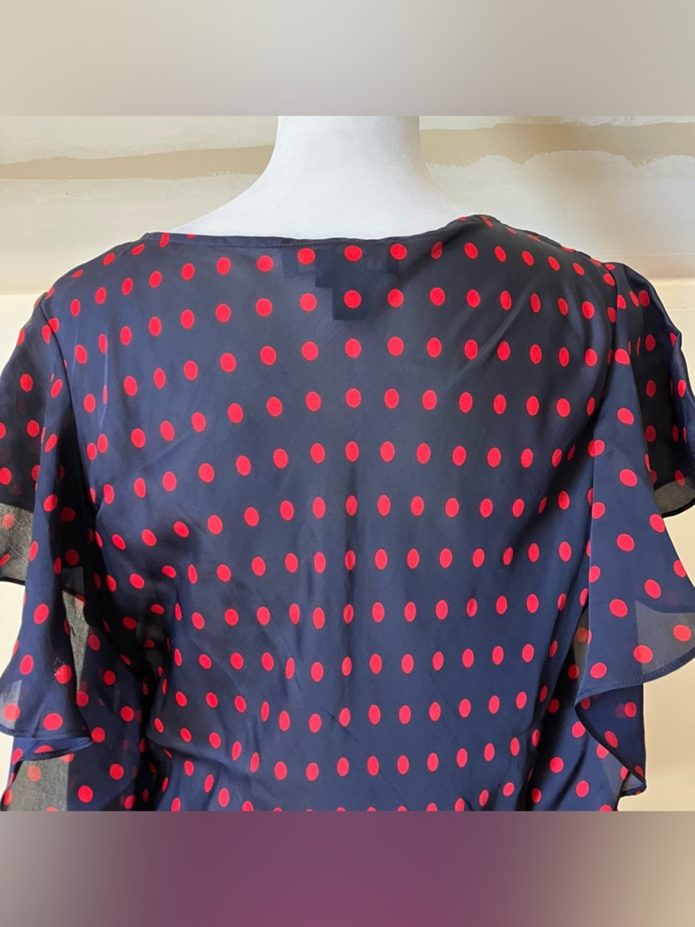 Lauren Ralph Lauren Vintage Blue & Red Polka Dot Flutter Hem Silk Blouse size PL - Picture 8 of 8